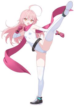 1girl absurdres ahoge arm_warmers arukari8 belt black_shoes breasts brown_eyes clenched_hands commentary_request fighting_stance flexible full_body gloves gluteal_fold high_kick highleg highleg_leotard highres kicking kneepits leg_lift leg_up legs leotard long_hair martial_arts open_mouth original pink_gloves pink_hair pink_scarf scarf shoes small_breasts solo split spread_legs standing standing_on_one_leg standing_split thighhighs thighs white_leotard white_thighhighs