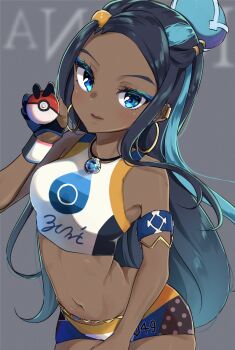 1girl armlet belly_chain black_hair blue_eyes blue_eyeshadow blue_hair breasts commentary_request crop_top dark-skinned_female dark_skin dynamax_band earrings eyeshadow gloves hair_bun highres holding holding_poke_ball hoop_earrings jewelry kodama_(koda_mat) long_hair makeup multicolored_hair necklace nessa_(pokemon) nintendo poke_ball poke_ball_(basic) pokemon pokemon_swsh single_glove single_hair_bun sleeveless smile solo two-tone_hair
