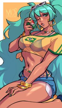 Rule 34 | 1girl, absurdres, alternate costume, aqua eyes, aqua hair, artist name, belly chain, bikini, bikini under clothes, blue bikini, blue shorts, bracelet, brazilian flag, brazilian flag print, brazilian miku, can, cropped shirt, dark-skinned female, dark skin, denim, denim shorts, drink can, exposed pocket, eyewear on head, flag print, flip-flops, gold bracelet, green nails, guarana antarctica, hatsune miku, highres, holding, holding can, jewelry, kneeling, long hair, looking at viewer, moi yablochki, multicolored nails, navel, necklace, one eye closed, orange background, parted lips, print shirt, rectangular earrings, sandals, see-through clothes, see-through shirt, shirt, short shorts, shorts, side-tie bikini bottom, solo, sunglasses, swimsuit, very long hair, vocaloid, white-framed eyewear, yellow nails, yellow shirt