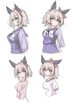 1girl animal_ears blush bow breasts closed_mouth curren_chan_(umamusume) ear_bow ear_covers grey_hair gym_shirt hair_between_eyes highres horse_ears horse_girl long_sleeves looking_at_viewer medium_breasts pink_sweater purple_eyes purple_sailor_collar purple_shirt purple_skirt red_bow sailor_collar sailor_shirt school_uniform shirt short_hair short_sleeves simple_background skirt sweater tofu_thunder tracen_school_uniform tracen_training_uniform umamusume upper_body white_background white_bow white_shirt