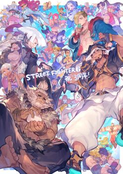 6+boys 6+girls a.k.i._(street_fighter) absurdres akuma_(street_fighter) alex_winger anniversary beard blanka cammy_white capcom chun-li claw_(weapon) cloak coat commentary_request crimson_viper dark-skinned_female dark-skinned_male dark_skin dee_jay dhalsim e._honda ed_(street_fighter) elena_(street_fighter) everyone evil_smile facial_hair fatal_fury food guile han_juri highres ingrid_(capcom) jamie_siu jp_(street_fighter) ken_masters kimberly_jackson li-fen lily_hawk luke_sullivan manon_legrand marisa_(street_fighter) multiple_boys multiple_girls muscular muscular_female muscular_male onigiri rashid_(street_fighter) ryu_(street_fighter) sagat shiranui_mai smile street_fighter street_fighter_6 sunglasses tapioka_chaso weapon zangief