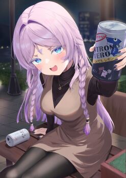 1girl absurdres alternate_costume black_nails black_pantyhose black_shirt blue_eyes blush brown_dress can citlali_(genshin_impact) commentary_request contemporary dress drunk genshin_impact highres holding holding_can long_hair on_bench open_mouth outdoors pantyhose pink_hair pink_pupils reaching reaching_towards_viewer shirt sitting solo yukineco_0928