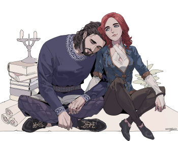 Rule 34 | 1boy, 1girl, aqua eyes, beard, black shoes, blue shirt, book, brown hair, brown pants, byuub, couple, facial hair, gale (baldur's gate), head on another's shoulder, hetero, holding hands, indian style, interlocked fingers, long hair, pants, purple pants, purple shirt, red hair, scroll, shirt, shoes, sitting, tav (baldur's gate)