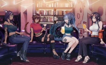 4girls :o ^_^ animal_ears annotated aqua_camisole aqua_eyes arm_tattoo au_ra beer_mug belt black_hair black_jacket black_pants black_scales black_shoes black_shorts blue_hair blue_pants blue_tail blunt_bangs bookshelf braid breasts brown_hair camisole cat_ears cat_girl cat_tail closed_eyes clothing_cutout cocktail_glass commentary commission cropped_shirt crossed_legs cup cybil_(steppelizard) dark-skinned_female dark_skin dragon_girl dragon_horns dragon_tail dragon_tattoo drinking_glass english_commentary eyewear_on_head final_fantasy final_fantasy_xiv food fruit full_body glasses head_wreath high_heels highres holding holding_cup horns indoors jacket jacket_partially_removed large_breasts laurel_crown long_hair midriff midriff_peek miqo&#039;te mstm mug multicolored_hair multiple_girls navel off-shoulder_shirt off_shoulder open_clothes open_jacket orange-tinted_eyewear orange_(fruit) orange_belt orange_jacket orange_slice original pants picture_frame platform_heels purple_streaks purple_tail red_shirt sera_(judgemint) shirt shoes short_hair short_shorts shorts silver_(shipsinfloat) sitting sleeveless sleeveless_turtleneck smile sneakers spaghetti_strap streaked_hair sweater tail tail_ornament tattoo tinted_eyewear toes turtleneck vgen_commission vivian_grimelka_(siverstorm) warrior_of_light_(ff14) white_sweater