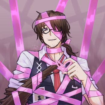 1boy ;d absurdres arthropod_limbs artist_name beard_stubble black-framed_eyewear black-framed_glasses black_vest bound bow brown_hair collared_shirt dress_shirt facial_hair formal_clothes glasses gregor_(project_moon) grin hair_between_eyes hair_bow hair_ribbon half-closed_eye half-closed_eyes hands_up heart heart_hands highres id_card limbus_company long_hair long_sleeves looking_at_viewer low_ponytail male_focus necktie one_eye_closed one_eye_covered open_mouth parted_bangs parted_lips photoshop_(medium) pink_background pink_bow pink_eyes pink_ribbon pink_shoes_(project_moon) ponytail project_moon purple_background red_necktie ribbon ribbon_bondage sanpaku semi-rimless_eyewear shirt signature simple_background sleeves_rolled_up smile smirk solo stubble suit teeth under-rim_eyewear upper_body vest white_shirt wing_collar