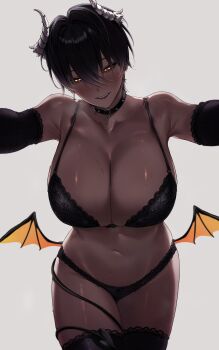 1girl absurdres black_bra black_collar black_gloves black_hair black_panties black_thighhighs blush bra breasts cleavage collar collarbone commentary cowboy_shot dark_skin demon_girl demon_horns demon_tail ear_piercing earrings elbow_gloves english_commentary fangs gloves highres horns inverted_cross_earrings jewelry large_breasts looking_at_viewer low_wings may_(ulularts) mini_wings navel original panties piercing short_hair simple_background solo spiked_collar spikes sweat tail teeth thighhighs ulularts underwear upper_teeth_only white_background wings yellow_eyes