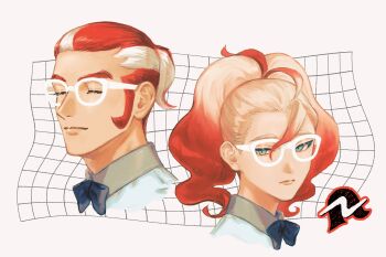 1boy 1girl absurdres black_bow black_bowtie blonde_hair bow bowtie closed_eyes cowlick frown glasses gradient_hair green_eyes griselle_(pokemon) grisham_(pokemon) hair_pulled_back highres kedama226 light_smile multicolored_hair nintendo orange_hair pokemon pokemon_legends:_z-a ponytail portrait short_ponytail sideburns split_ponytail two-tone_hair wavy_hair white-framed_eyewear white_hair