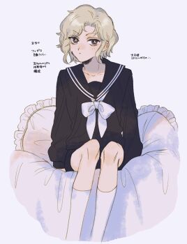 173_mkt 1boy aged_up arms_at_sides black_sailor_collar black_shirt black_shorts blonde_hair bow bowtie brown_eyes child collarbone commentary_request cropped_legs curtained_hair expressionless figaro_bancoran frilled_pillow frills highres knees light_blush long_sleeves looking_at_viewer male_focus on_bed parted_bangs patalliro! pillow sailor_collar sailor_shirt shirt short_hair shorts simple_background sitting socks solo translation_request wavy_hair white_background white_bow white_socks