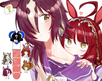 6+girls animal_ears aston_machan_(umamusume) baejimile black_hair blue_eyes blush bow brown_hair carrying carrying_person closed_mouth commentary crown daiwa_scarlet_(umamusume) dream_journey_(umamusume) eyepatch glasses green_eyes hair_over_one_eye highres horse_ears horse_girl kiss_meter_(meme) kissing_back long_hair long_sleeves looking_at_another looking_at_viewer meme mini_crown multicolored_hair multiple_girls one_side_up piggyback purple_sailor_collar purple_shirt red_desire_(umamusume) red_hair red_veil sailor_collar school_uniform shirt sweatdrop symbol-only_commentary tanino_gimlet_(umamusume) tracen_school_uniform twintails two-tone_hair umamusume veil vodka_(umamusume) white_bow white_hair yellow_eyes yuri