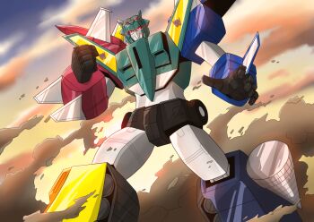 1980s_(style) 1boy breastforce_(transformers) clenched_hand decepticon extra_eyes glowing glowing_eyes liokaiser looking_at_viewer mecha mechanical_wings no_humans no_mouth oldschool outdoors red_eyes retro_artstyle robot science_fiction silvia0988 solo standing transformers transformers_victory wings