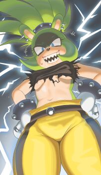 1girl animal_ears animal_nose blue_eyes breasts chzzei commission earrings electricity from_below furry furry_female gloves green_fur green_hair hands_on_own_hips highres jewelry looking_at_viewer midriff multiple_earrings navel open_mouth pants second-party_source sharp_teeth shirt smile sonic_(series) sonic_the_hedgehog_(idw) surge_the_tenrec sweatdrop teeth torn_clothes torn_shirt underboob white_gloves yellow_pants