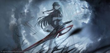 1girl arm_cutout artist_name black_hair black_jacket black_shirt black_skirt black_socks breasts chinese_commentary chisa_(wuthering_waves) closed_mouth clothing_cutout cloud cloudy_sky commentary_request from_below hair_ribbon highres jacket long_hair looking_at_viewer medium_breasts partial_commentary red_eyes red_ribbon ribbon shale shirt skirt sky socks solo sword thigh_strap tower weapon wind wuthering_waves