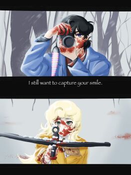 1boy 1girl black_hair blonde_hair blood blood_on_face blood_on_hands blood_on_snow blue_eyes bow_(weapon) camera charlie_brown commentary crossbow english_commentary genderswap genderswap_(ftm) genderswap_(mtf) green_eyes highres holding holding_camera holding_crossbow holding_weapon juaner_answer long_hair lucy_van_pelt misumisou peanuts_(comic) scene_reference short_hair snowing weapon