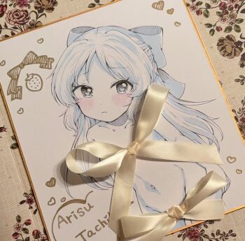 1girl blue_bow blue_eyes blush bow censored character_name check_commentary collarbone commentary commentary_request convenient_censoring covering_breasts covering_privates dot_nose dutch_angle expressionless hair_bow heart heart-shaped_pupils idolmaster idolmaster_cinderella_girls long_hair looking_at_viewer marker_(medium) navel nude photo_(medium) remiri_nicoeli ribbon solo symbol-shaped_pupils tachibana_arisu traditional_media yellow_ribbon