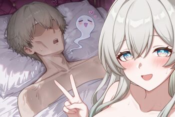 1boy 1girl blue_pupils blush breasts caelus_(honkai:_star_rail) commentary dehydrated exhausted firefly_(honkai:_star_rail) ghost giving_up_the_ghost grey_hair guy_tired_after_sex_(meme) honkai:_star_rail honkai_(series) implied_after_sex long_hair looking_at_viewer meme multicolored_eyes pillow purple_eyes raymnd satisfied smile sunken_cheeks sweat symbol-only_commentary trailblazer_(honkai:_star_rail) two-tone_eyes v