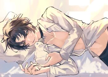 1boy animal asaba_harumasa black_choker black_hair blue_pants cat choker collarbone commentary earrings english_commentary half-closed_eyes head_on_pillow holding holding_animal holding_cat indoors jewelry limited0twst0s looking_at_animal lying male_focus navel on_bed on_side open_mouth pants parted_bangs partially_unbuttoned pectorals pillow shirt short_hair upper_body white_cat white_shirt window yellow_eyes zenless_zone_zero