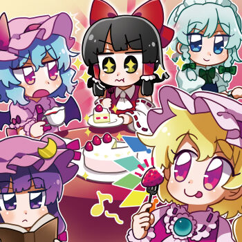 +_+ 5girls :p absurdres ascot bat_wings black_hair blonde_hair blue_eyes blue_hair book bow braid brooch cake cake_slice chibi chibi_only closed_mouth commentary_request crescent crescent_hat_ornament crystal crystal_wings cup detached_sleeves eating flandre_scarlet food fork frilled_hair_tubes frills fruit green_bow grey_hair hair_bow hair_tubes hakurei_reimu hat hat_ornament hat_ribbon highres holding holding_book holding_cup holding_fork izayoi_sakuya jewelry long_hair looking_at_viewer maa_(forsythia1729) maid maid_headdress mob_cap multicolored_wings multiple_girls one_side_up open_book open_mouth patchouli_knowledge pink_hat pink_shirt puffy_short_sleeves puffy_sleeves purple_eyes purple_hair purple_hat reading red_ascot red_bow red_eyes red_skirt red_vest remilia_scarlet ribbon ribbon-trimmed_collar ribbon-trimmed_sleeves ribbon_trim shirt short_sleeves siblings sisters skirt skirt_set smile strawberry teacup tongue tongue_out touhou twin_braids vest white_ascot white_hat wings wrist_cuffs
