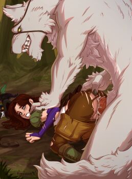 1boy 1girl anal_fingering animal_ears animal_penis body_fur boots brown_boots brown_shorts clenched_teeth clothes_pull d-rex eyepatch fingering furry furry_with_non-furry highres interspecies knotted_penis original outdoors pants penis rape red_hair scar scar_across_eye scar_on_face sex sharp_teeth shorts shorts_pull tail teeth top-down_bottom-up torn_clothes torn_pants white_fur wolf_boy wolf_ears wolf_tail