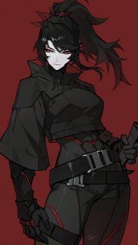 1girl absurdres belt black_belt closed_mouth commentary cowboy_shot english_commentary highres lewdicy long_hair ludicy_(lewdicy) original ponytail red_background red_eyes simple_background solo