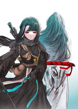 1boy 1girl al_limb black_hair blue_background chinese_clothes closed_mouth commentary_request gourd gradient_hair highres hong_lu_(project_moon) hongyuan_(identity)_(project_moon) korean_commentary limbus_company long_hair multicolored_hair project_moon red_eyes ryoshu_(project_moon) standing sword sword_on_back weapon weapon_on_back white_background