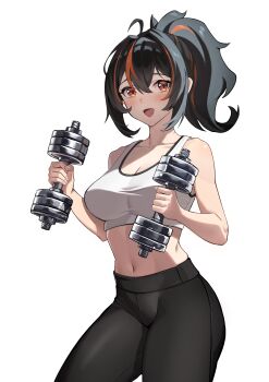 1girl :d absurdres alternate_costume black_hair black_pants breasts commentary_request double_dumbbell_pose_(han-0v0) dumbbell highres holding holding_dumbbell large_breasts looking_at_viewer multicolored_hair navel open_mouth pants ponytail red_eyes red_hair simple_background smile solo sports_bra stomach streaked_hair tifuibe white_background white_sports_bra yoga_pants zenless_zone_zero zhu_yuan