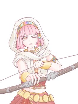 Rule 34 | 1girl, absurdres, armlet, bare shoulders, beads, belt, blunt bangs, blunt ends, bow (weapon), bracer, braid, brown eyes, chinese commentary, chunpiao, clenched teeth, cloak, commentary request, cowboy shot, crop top, determined, dot nose, drawing bow, eyelashes, furrowed brow, gold armlet, gold necklace, hair beads, hair ornament, hair tubes, hairband, highres, holding, holding bow (weapon), holding weapon, hood, hood up, hooded cloak, infinity nikki, jewelry, looking ahead, midriff, multicolored hairband, necklace, nikki (nikki), nikki (series), one eye closed, pink hair, purifying wind (infinity nikki), red skirt, shirt, short hair, side braids, simple background, skirt, sleeveless, sleeveless shirt, solo, teeth, twin braids, weapon, white background, white cloak, white shirt, yellow belt