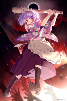 1girl :d ahoge ametomea apron baseball_bat boots brown_boots brown_eyes commentary_request hell highres holding holding_baseball_bat japanese_clothes kimono knee_boots maid maid_apron maid_headdress nail_(hardware) nail_bat open_mouth purple_hair purple_kimono red_sky short_hair sky smile solo tasokare_hotel tsukahara_neko wa_maid wide_sleeves