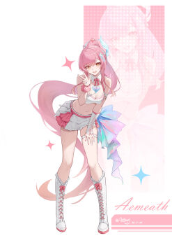 1girl absurdres acan_(gskj8822) aemeath_(wuthering_waves) ahoge bare_shoulders blush boots breasts character_name cleavage commentary dated hair_ornament hand_up highres knee_boots lace-up_boots leaning_forward long_hair looking_at_viewer medium_breasts navel official_alternate_costume open_mouth orange_eyes pink_hair ponytail signature skirt smile solo stomach thigh_strap w white_boots white_skirt wuthering_waves