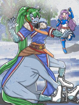 2girls :d animal_ears arm_up armor belt blue_armor blue_boots blue_dress blue_eyes blue_gloves boots breastplate breasts bridle brown_belt centaur circlet commentary dark_persona dress elbow_gloves english_commentary fingerless_gloves fire_emblem fire_emblem:_the_blazing_blade fire_emblem_heroes fire_emblem_shadows florina_(fire_emblem) full_body fur_trim gloves green_hair hair_between_eyes hair_ribbon hairband high_ponytail highres hooves horse_ears horse_tail ice_skates ice_skating knee_boots long_hair looking_at_another lyn_(fire_emblem) lyn_(plains_wind)_(fire_emblem) medium_breasts mnejing30 monster_girl monsterification multiple_girls multiple_legs nintendo open_mouth outdoors parted_bangs pelvic_curtain ponytail purple_hair red_hairband ribbon shadow short_sleeves shoulder_armor sidelocks sitting skates skating smile standing standing_on_one_leg sweatdrop tail taur teeth tress_ribbon upper_teeth_only very_long_hair white_dress