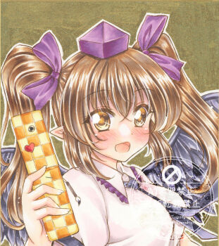 Rule 34 | 1girl, :d, black necktie, blush, bow, breasts, brown eyes, brown hair, cellphone, collared shirt, commentary, flip phone, frilled shirt collar, frills, hair bow, hat, highres, himekaidou hatate, holding, holding phone, large breasts, long hair, looking at viewer, necktie, nekofish666, open mouth, phone, pointy ears, purple bow, purple hat, shirt, smile, solo, tokin hat, touhou, traditional media, twintails, upper body, watermark, white shirt