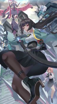 1boy 3girls animal_ear_fluff animal_ears aqua_jacket arm_armor asaba_harumasa battle black_hair black_necktie black_pants black_shoes black_skirt blue_oni blue_skin bow_(weapon) breasts brown_hair brown_pantyhose cape cloud cloudy_sky collared_shirt colored_skin commentary_request floating_hair floating_neckwear foot_out_of_frame fox_ears fox_girl gauntlets glasses green_cape hair_between_eyes hair_between_horns headband high-waist_skirt high_heels highres holding holding_bow_(weapon) holding_polearm holding_sheath holding_sword holding_weapon hollow_special_operations_section_6_(zenless_zone_zero) horns hoshimi_miyabi jacket large_breasts long_hair looking_at_viewer monster multicolored_horns multiple_girls necktie oni open_mouth outdoors pants pantyhose pink_hair pointy_ears polearm red_eyes sheath shirt shoes short_hair skin-covered_horns skirt sky solo_focus soukaku_(zenless_zone_zero) sword tsukishiro_yanagi two-tone_horns unsheathing very_long_hair weapon white_hair white_shirt x70rvnhxlo80993 yellow_headband zenless_zone_zero
