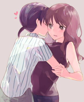 2girls black_hair brown_background brown_eyes brown_hair closed_eyes commentary_request kiss kissing_cheek long_hair multiple_girls original parted_lips ponytail purple_shirt shirt short_ponytail simple_background sleeveless sleeveless_shirt sou_(tuhut) striped_clothes striped_shirt sweat white_shirt yuri