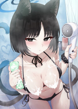 1girl absurdres animal_ears bikini black_bikini black_choker black_eyes black_hair black_nails black_ribbon black_scrunchie blue_archive blue_halo blush breasts cat_ears cat_girl cat_tail choker collarbone commentary_request convenient_censoring female_pubic_hair fingernails foam halo highres holding holding_shower_head kikyou_(blue_archive) looking_at_viewer medium_breasts multiple_tails nail_polish neck_ribbon pizza_(pizzania_company) pubic_hair pubic_hair_peek ribbon ribbon_choker scrunchie short_hair shower_head showering side-tie_bikini_bottom soap_bubbles soap_censor solo swimsuit tail textless_version wrist_scrunchie