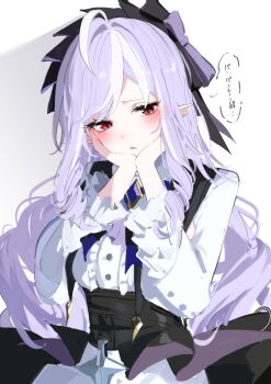 1girl absurdres ahoge ascot blush bow bowtie breast_curtains center_frills commentary_request drill_hair drill_sidelocks frills gem hairband hands_on_own_cheeks hands_on_own_face highres long_hair magnet_8_8 mole mole_under_eye open_mouth pointy_ears purple_ascot purple_bow purple_bowtie purple_gemstone purple_hair purple_hairband red_eyes shadow shrug_(clothing) sidelocks simple_background solo speech_bubble translation_request upper_body vivian_banshee white_background white_shrug zenless_zone_zero