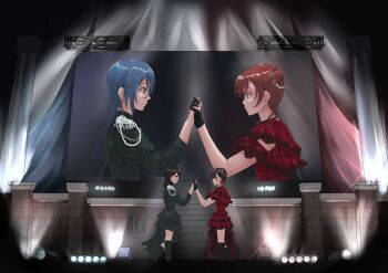 4girls absurdres black_choker black_gloves black_hair black_thighhighs blue_eyes blue_hair choker closed_mouth colored_eyelashes commentary_request cosplay earrings eye_contact glass_ball_rejection gloves hair_bun hair_ornament hand_up highres holding_hands interlocked_fingers jewelry long_sleeves looking_at_another love_live! love_live!_superstar!! multicolored_hair multiple_girls ookuma_wakana ookuma_wakana_(cosplay) partial_commentary red_hair rr_azalea screen short_hair_with_long_locks short_sleeves smile stage_lights standing thighhighs two-tone_hair voice_actor voice_actor_connection wakana_shiki yabushima_akane yabushima_akane_(cosplay) yoneme_mei