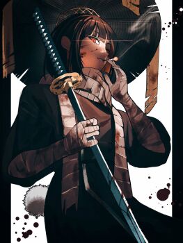 Rule 34 | 1girl, bandaged arm, bandages, between fingers, black border, black hair, black kimono, blood, blood on face, blunt bangs, blunt ends, border, cigarette, closed mouth, colored inner hair, commentary request, cowboy shot, empty eyes, hands up, heishou pack-mao branch (identity) (project moon), highres, holding, holding cigarette, holding sword, holding weapon, japanese clothes, katana, kimono, limbus company, lips, looking at viewer, looking down, multicolored hair, oil-paper umbrella, orange hair, outside border, pom pom (clothes), project moon, puffy short sleeves, puffy sleeves, red eyes, reo (mmocc123), ryoshu (project moon), scarf, short hair, short sleeves, simple background, smoke, smoking, solo, standing, sword, umbrella, weapon, white background, white scarf