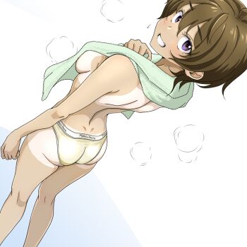 1girl ass bikini_tan blush brand_name_imitation brown_hair commentary_request grin looking_at_viewer make_heroine_ga_oo_sugiru! purple_eyes ruri_(ruri_) short_hair smile solo tan tanline teeth tomboy topless_female towel towel_around_neck white_background yakishio_lemon