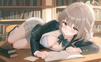 1girl absurdres blue_archive bow bowtie bra breasts brown_eyes collared_shirt hair_bow halo highres jacket library light_blush looking_at_viewer lying medium_breasts miyo_(blue_archive) multicolored_hair on_side open_clothes open_jacket open_shirt parted_lips school_uniform shirt skirt solo streaked_hair underwear usagi_(786113654)