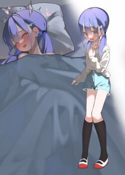 1girl absurdres black_socks blue_shorts blush closed_eyes commentary_request female_masturbation have_to_pee hayakawa_sena_(pei_iriya) heart highres kneehighs loli long_hair long_sleeves masturbation multiple_views nose_blush open_mouth original pei_iriya pillow purple_eyes purple_hair shoes shorts socks stealth_masturbation textless_version translation_request twintails