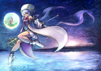 1girl blue_hair blue_hat card commentary_request dark-skinned_female dark_skin detached_sleeves earrings full_moon gold_trim hair_between_eyes hat holding holding_staff jewelry moon multicolored_hat night noin_(shinrabanshou) open_mouth pointy_ears pond red_eyes shinrabanshou shoes shouma_(bravespiritya) skirt solo staff white_hat white_shoes white_skirt