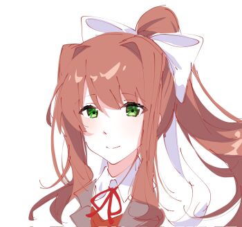 Rule 34 | 1girl, blazer, collared shirt, doki doki literature club, doki doki literature club school uniform, gaww x x, green eyes, grey jacket, hashtag-only commentary, high ponytail, highres, jacket, long hair, long sidelocks, looking at viewer, monika (doki doki literature club), neck ribbon, pink hair, ponytail, portrait, ribbon, school uniform, shirt, sidelocks, smile, solo, white shirt
