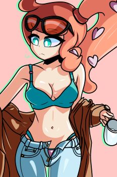 Rule 34 | 1girl, absurdres, aqua bra, aqua eyes, aqua panties, black-framed eyewear, bra, breasts, brown coat, cleavage, coat, collarbone, commentary, denim, english commentary, eyewear on head, hair ornament, heart, heart hair ornament, highres, jeans, kafeinamiez, long hair, medium breasts, navel, nintendo, orange-tinted eyewear, orange hair, panties, pants, partially undressed, pink panties, pokemon, pokemon swsh, side ponytail, side ponytail with hair base, solo, sonia (pokemon), sunglasses, swept bangs, tinted eyewear, two-tone panties, underwear, unworn coat, wavy hair
