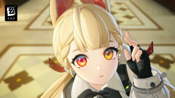 1girl 3d absurdres alice_thymefield animal_ears blonde_hair braid close-up hair_ornament heterochromia highres long_hair looking_at_viewer low_twintails multicolored_eyes official_art official_wallpaper parted_lips rabbit_ears rabbit_girl red_eyes solo sphere_hair_ornament twintails watermark yellow_eyes zenless_zone_zero