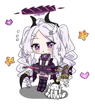 1girl blue_archive commentary demon_horns doodle_sensei_(blue_archive) dress e_v_e_neko gloves halo highres hina_(blue_archive) horns long_hair purple_eyes reisa_(blue_archive) reisa_(magical)_(blue_archive) sensei_(blue_archive) wings