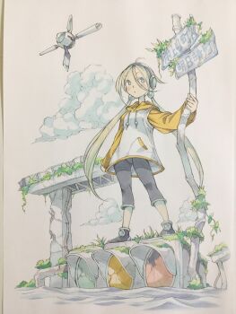 Rule 34 | 1girl, black pants, black shoes, blonde hair, blue eyes, cloud, commentary, drawstring, drone, full body, grass, hair between eyes, headphones, highres, hood, hood down, hoodie, long hair, looking to the side, low twintails, moss, orange hoodie, original, outdoors, overgrown, pants, parted lips, peter salt, road sign, ruins, shoes, sign, solo, standing, traditional media, traffic light, translated, twintails, very long hair