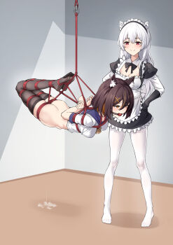 2girls absurdres animal_ear_fluff animal_ears arms_behind_back ball_gag bdsm black_bow black_bowtie black_gloves black_thighhighs bondage bound bow bowtie breasts brown_eyes brown_hair cat_girl cleavage cleavage_cutout clothing_cutout crotch_rope dress drooling frilled_dress frills gag gagged gloves highres hogtie indoors long_hair looking_at_another maid maid_headdress multiple_girls no_shoes original pantyhose red_eyes restrained school_uniform serafuku shibari shibari_over_clothes skindentation small_breasts soles suspension t_zhonglang thighhighs white_hair white_pantyhose wiffle_gag