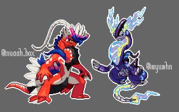 absurdres antennae artist_collaboration claws colored_skin commentary_request feathered_wings feathers grey_background highres koraidon lizard lizard_tail miraidon nintendo no_humans nuaah_box pixel_art pokemon pokemon_(creature) pokemon_sv purple_skin red_skin samenika_(wyumhn) tail wheel wings