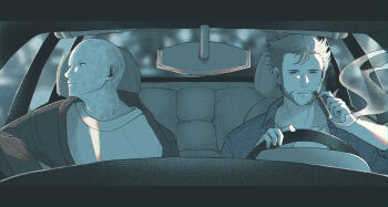 2boys animification bald beard car_interior cigar commentary_request deadpool deadpool_&amp;_wolverine deadpool_(series) doghooouse facial_hair highres holding holding_cigar long_sleeves looking_to_the_side male_focus marvel marvel multiple_boys open_clothes parted_lips scar scars_all_over shirt short_hair sitting smoke too_many upper_body wolverine_(x-men) x-men