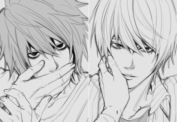 2boys bags_under_eyes collared_shirt death_note fingernails kiss kissing_hand l_(death_note) male_focus multiple_boys parted_lips ruttika_shin shirt short_hair simple_background striped_clothes striped_shirt teeth vertical-striped_clothes vertical-striped_shirt yagami_light yaoi