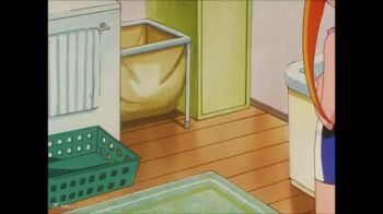 animated animated_gif armpits ass barefoot bathroom child closed_eyes elementary_school_age feet flat_chest from_behind hell_teacher_nube inaba_kyouko jigoku_sensei_nube leg_up legsbare_legs loli long_twintails official_art orange_hair shirt shorts shounen_jump singing smile soles toei_company toes towel twintails undressing